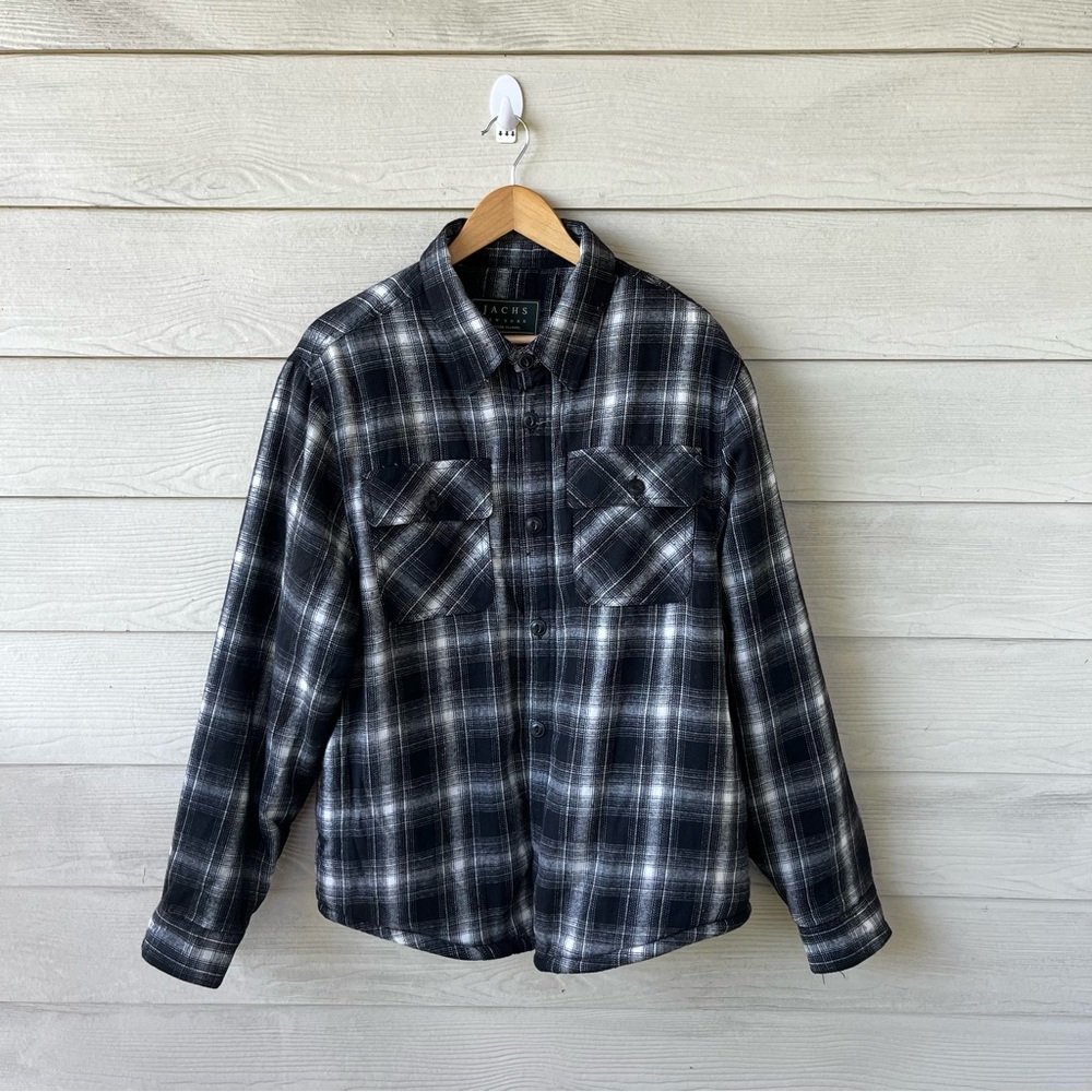 NWT JACHS NY Sherpa Lined Recycled Flannel Shirt Jacket Black White Plaid Large